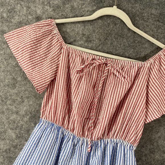 Urban Outfitters Midi Dress XS Colorblock Seersucker Striped Off Shoulder - Picture 5 of 13